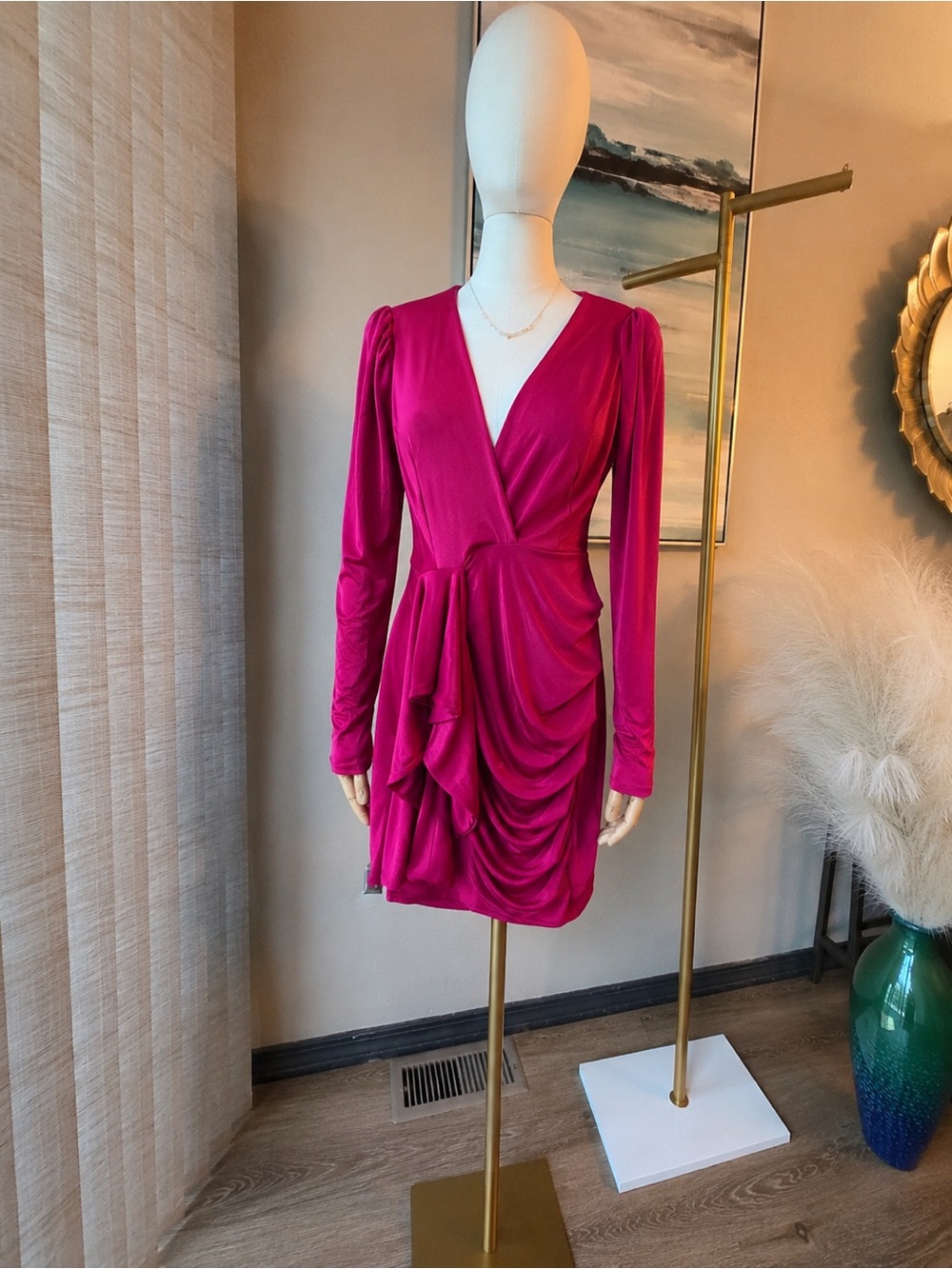 Luxxel Fuchsia Ruched Long-Sleeve V-Neck Dress